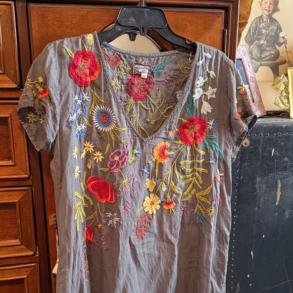 Johnny Was Charcoal Top with Multicolor Floral Embroidery - Picture 1 of 3